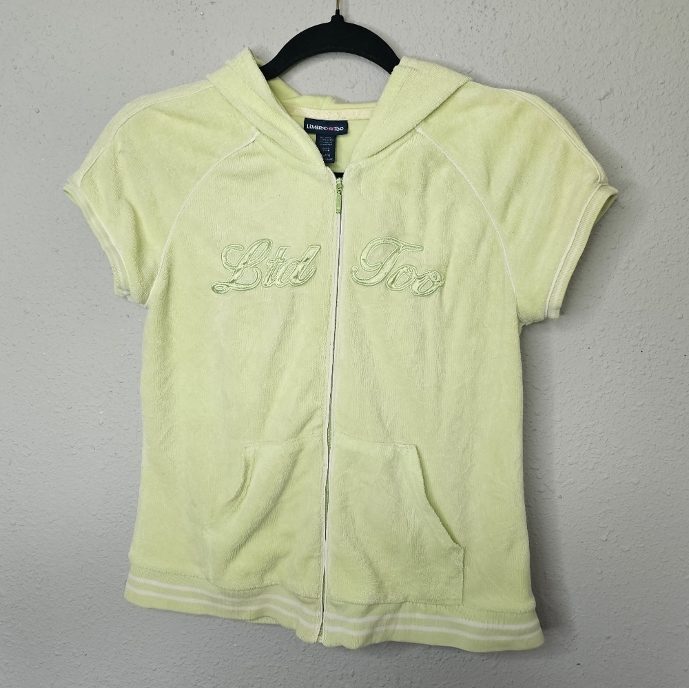 Limited Too Girls XL 16 Lime Green Terry Cloth Short Sleeve Zip Up Hoodie Y2K